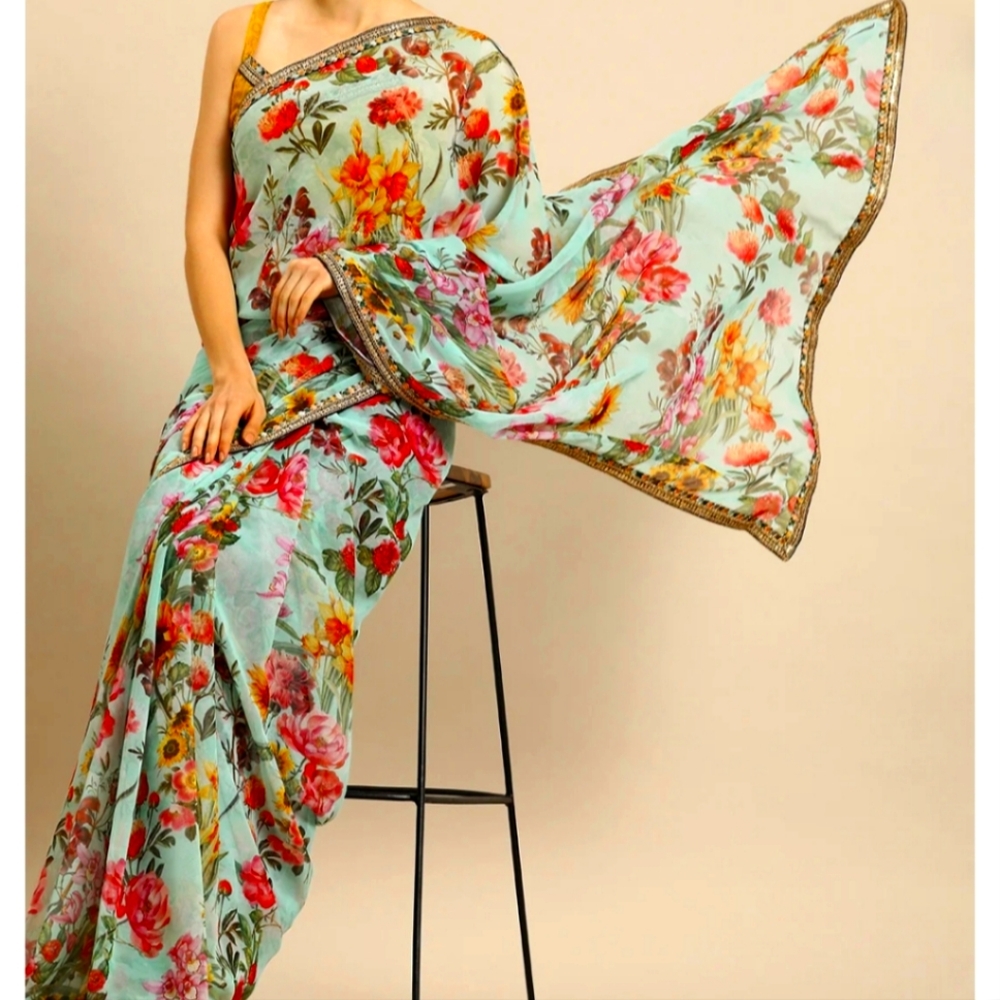 New Green Pure Georgette Floral Printed Saree with blouse piece&readymade blouse